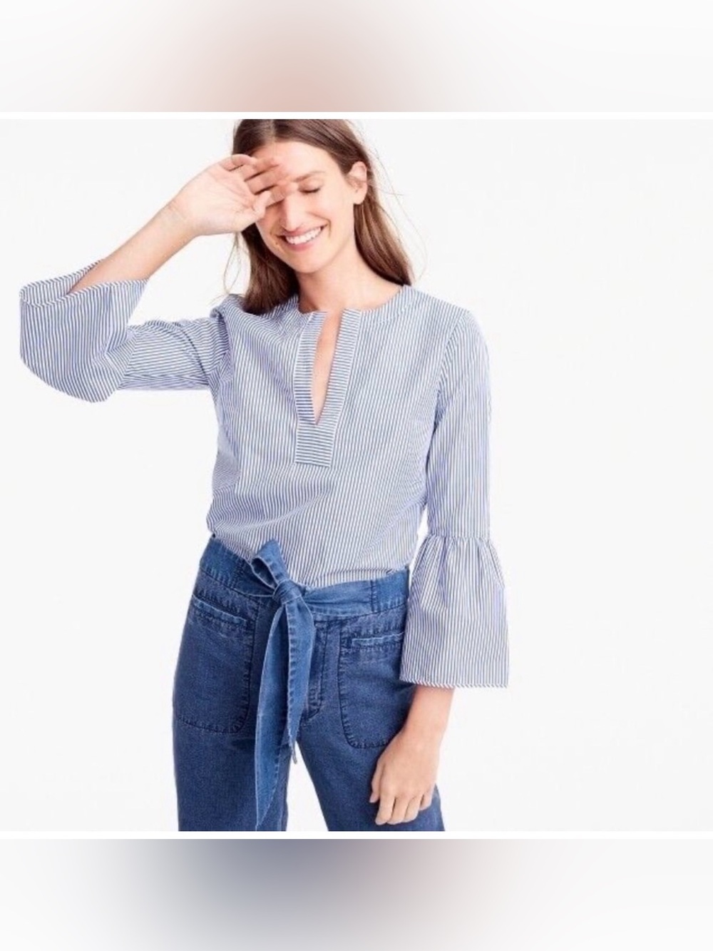 J. Crew Striped Blue White Bell-Sleeve Womens Top Cotton size 6